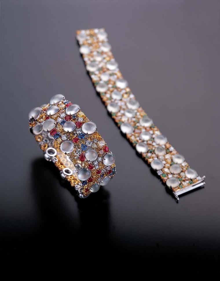 Zhaoyi colourless icy jadeite bracelet with coloured gemstones.